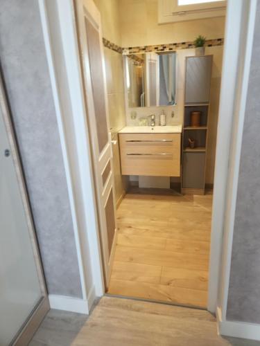 une petite salle de bain avec un lavabo et un miroir dans l'établissement Proche centre ville, GIP ASFO, vue sur le jardin, à Grasse