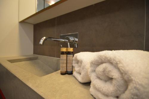 La salle de bains est pourvue d'un lavabo et de serviettes sur un comptoir. dans l'établissement 