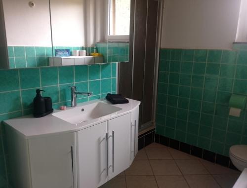 a bathroom with a sink and a toilet and green tiles at Ferienwohnung Marie in Nohfelden