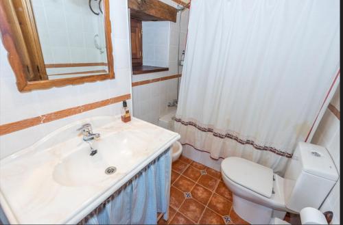 a bathroom with a sink and a toilet and a mirror at Casa Horno in Robledo