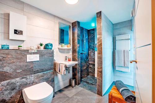 a bathroom with a shower and a toilet and a sink at Ferienhaus Sternschnuppe in Oberwesel