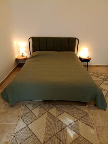 a bed in a room with two lamps on two tables at Green Village studio in Gornji Orahovac