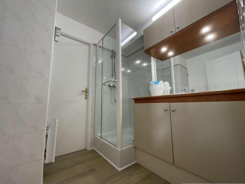 La salle de bains est pourvue d'une douche et d'une cabine de douche en verre. dans l'établissement Appt 2 pièces LA ROCHELLE - LR020-205, à La Rochelle