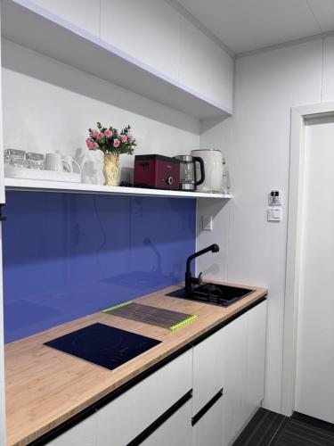 a kitchen with a sink and a counter top at Amber Lake B in Auckland