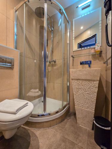 a bathroom with a shower and a toilet at Hôtel Les Voyageurs in Bastia