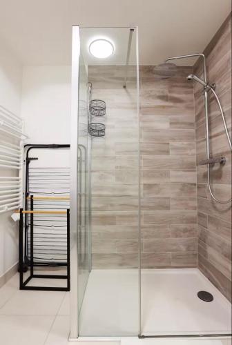 une douche avec une porte vitrée dans une salle de bain dans l'établissement Appartement 10 minutes Disneyland - parking gratuit, à Chessy