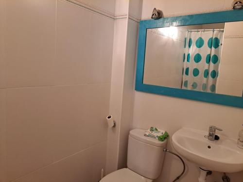 a bathroom with a toilet and a sink and a mirror at Costa Arenal 81 in Arenal d'en Castell