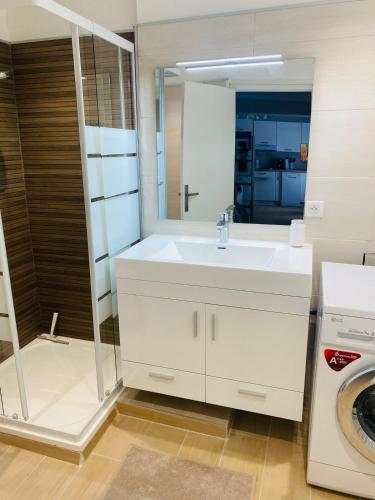 une salle de bain avec un lavabo et une machine à laver dans l'établissement Studio en rez-de-maison, au Muy