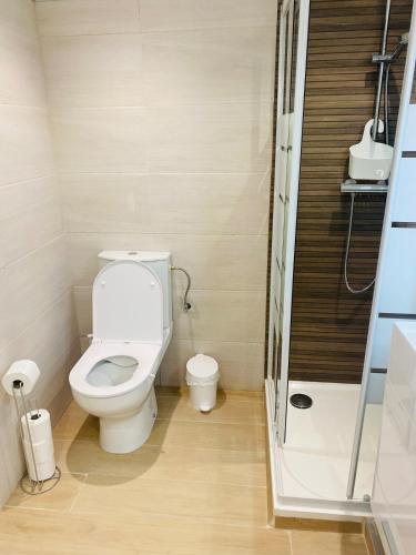 une petite salle de bain avec toilettes et douche dans l'établissement Studio en rez-de-maison, au Muy