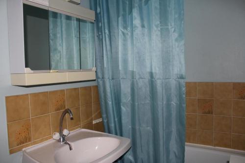La salle de bains est pourvue d'un lavabo et d'un rideau de douche bleu. dans l'établissement Appartement Studio 2 couchages GRUISSAN GN400-236, à Gruissan