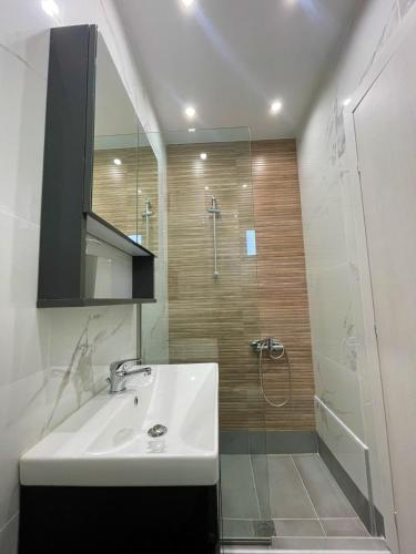 a bathroom with a sink and a shower at Panorama Sunvilles Apartment 3 in Thessaloniki