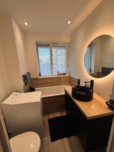 une salle de bain avec toilettes, lavabo et baignoire dans l'établissement Le T2 de Barbieux, 15mn Lille, secure parking, à Croix