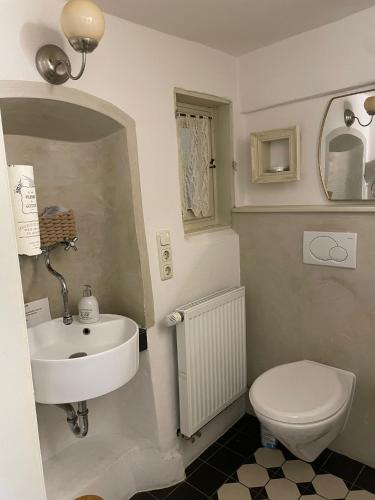 a bathroom with a white sink and a toilet at Gästehäuser Hölle 12 und Hölle 13 in Bamberg