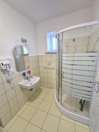 a bathroom with a shower and a sink at Willa Przybyszówka in Solec-Zdrój