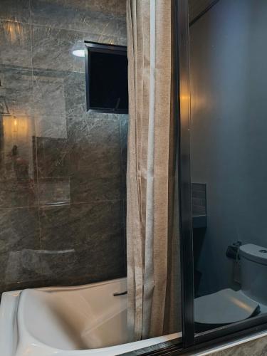 a bathroom with a shower and a sink and a toilet at Goldland Caelestis Guest House in Bacolod