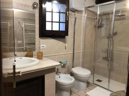 a bathroom with a toilet and a sink and a shower at villino indipendente I Tigli in Campagnano di Roma