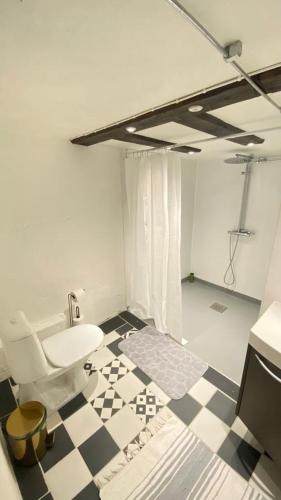 a bathroom with a toilet and a checkered floor at Little red house located 400m from university in Örebro in Örebro