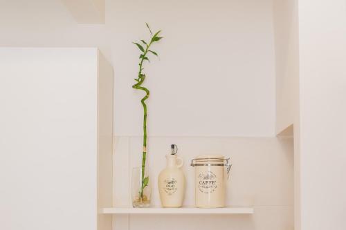 a shelf with two vases and a plant on it at Santaló B&B in Bitonto