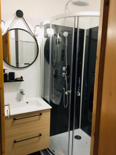 une salle de bain avec douche et lavabo dans l'établissement Apartment Saclay 1 Close to HEC, CEA, Versailles, à Saclay