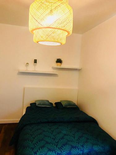 - une chambre avec un lit vert et un lustre dans l'établissement Apartment Saclay 1 Close to HEC, CEA, Versailles, à Saclay
