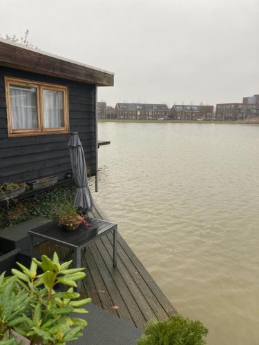 a house with a chair on a dock next to the water at Bed & Breakfast ‘t Westergouwertje in Gouda