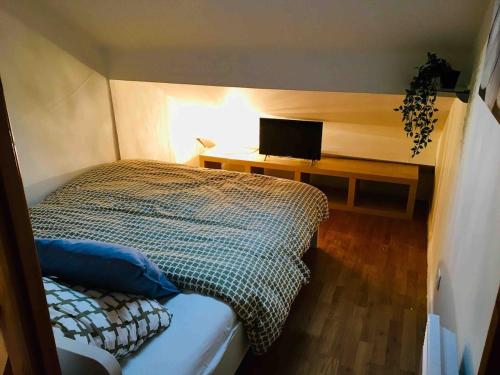 une chambre avec un lit et un bureau avec une télévision dans l'établissement Apartment Saclay 2 near HEC, Versailles, à Saclay