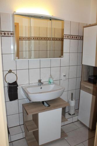 a bathroom with a sink and a mirror at Ferienwohnungen Thul in Schweich
