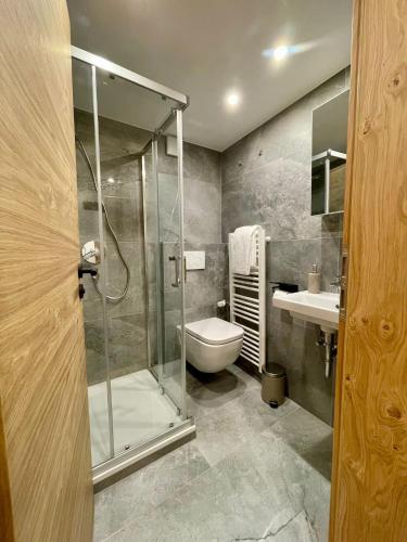 a bathroom with a shower and a toilet and a sink at Bergbauernhof Klauslehen in Ramsau