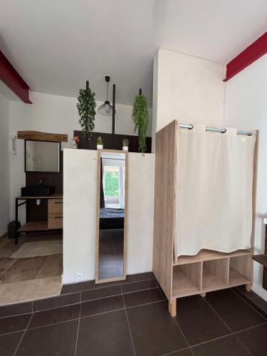 La salle de bains est pourvue d'une cabine de douche et d'un miroir. dans l'établissement Gîte - Douceur du Sud, entre mer et campagne, à Hyères