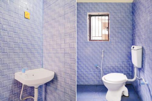 two pictures of a bathroom with a toilet and a sink at Hotel O Aradhyaa Inn in Dispur