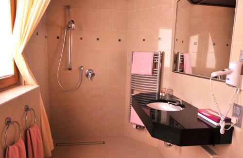 a bathroom with a sink and a shower at Hirschen-Dorfmühle in Biederbach Baden-Württemberg