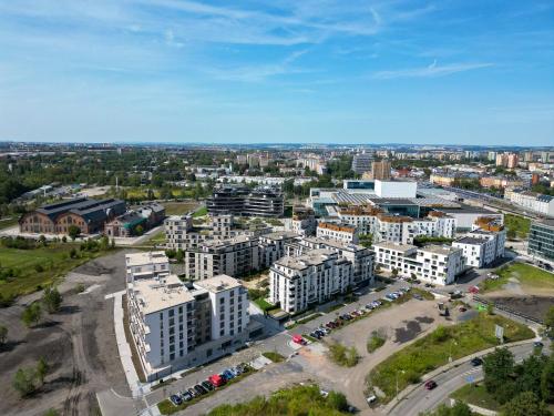 an aerial view of a city with white buildings at New BNB Apartment In the Ostrava with parking option in Slezská Ostrava