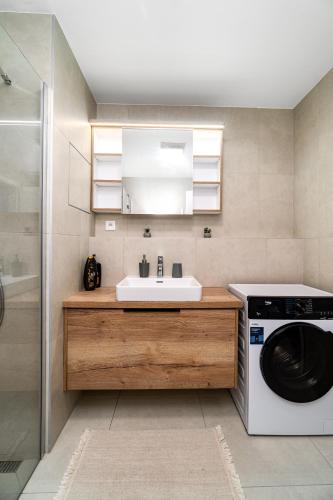 a bathroom with a sink and a washing machine at New BNB Apartment In the Ostrava with parking option in Slezská Ostrava