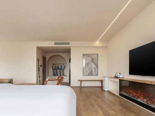 a bedroom with a flat screen tv and a fireplace at Leshan Summer Valley Mountain Stream in Leshan