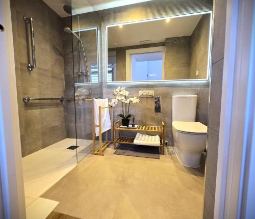 バレンシアにあるDúplex-Lofts Les Arts i Les Ciènciesのバスルーム(シャワー、トイレ、鏡付)