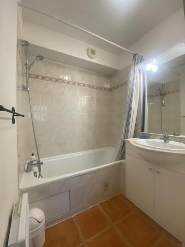 une salle de bain avec une baignoire et un lavabo dans l'établissement The central gardens, à Frontignan