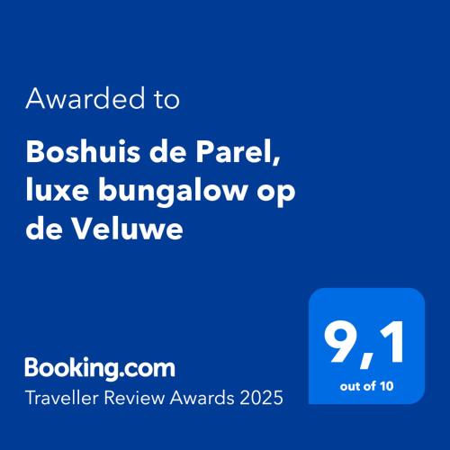 a screenshot of a phone with the text awarded to biscuits de parcel like bunker at Luxe Boshuisje met Privé Wellness & Jacuzzi op de Veluwe in Ermelo