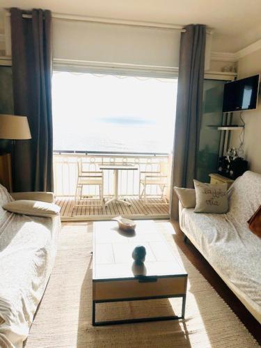 un salon avec un canapé et une table basse dans l'établissement Appartement face mer proche palais, à Cannes