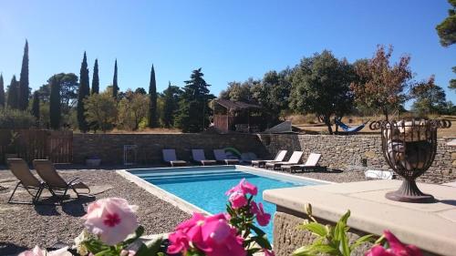 a swimming pool with chairs and flowers in a yard at Les Pins Domaine Russol in Laure-Minervois