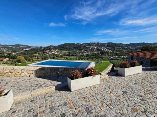 a swimming pool with two potted plants on a patio at Quinta de Casal do Bairro - Casa Grande in Guimarães