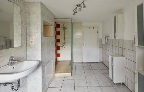 a bathroom with a sink and a shower at Bademeusel in Straupitz