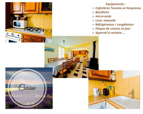 un collage de photos d'une cuisine et d'une salle à manger dans l'établissement La Villa des souvenirs - farniente - aire de jeux, à Saint-Étienne-les-Orgues