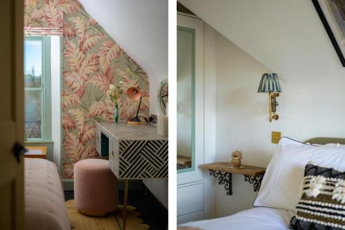 two pictures of a bedroom with a bed and a window at Eskbank Villa near Edinburgh in Dalkeith