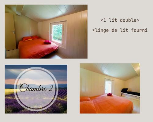 un collage de trois photos d'une chambre avec deux lits dans l'établissement La Villa des souvenirs - farniente - aire de jeux, à Saint-Étienne-les-Orgues