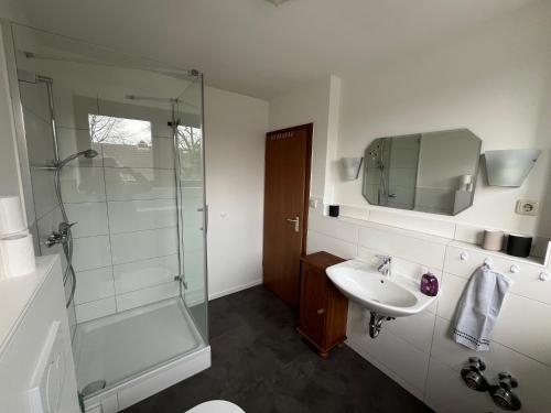 a bathroom with a glass shower and a sink at Haus Otto in Großhansdorf