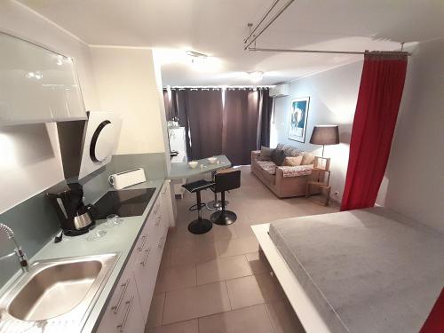 une cuisine avec un évier et un salon dans l'établissement Appartement Village Naturiste Intense, au Cap d'Agde
