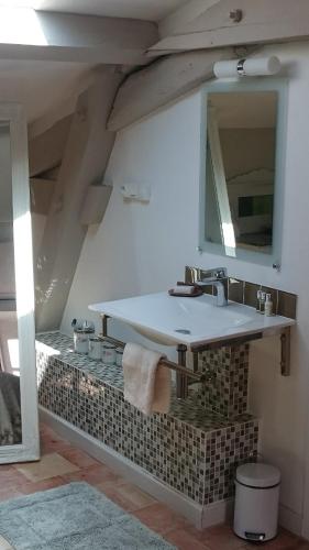 une salle de bain avec un lavabo et un miroir dans l'établissement Les Pins, à Laure-Minervois