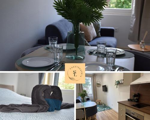 a collage of photos with a table and a room at Élégant T2 à Bron, Tramway à 2min, Box Parking, 4Personnes in Bron