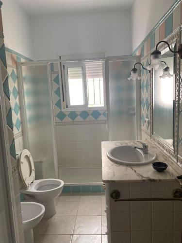 a bathroom with a toilet and a sink and a shower at Casa Centrtrica Umbrete in Umbrete