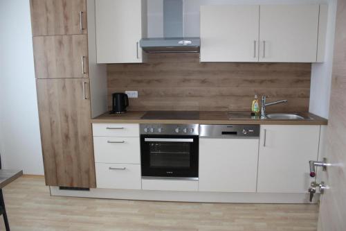 a kitchen with white cabinets and a sink and a stove at Gästehaus Schneider in Illmitz